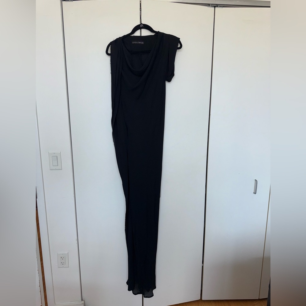 Kimberly Taylor Black One Shoulder Cowl Neck Gown